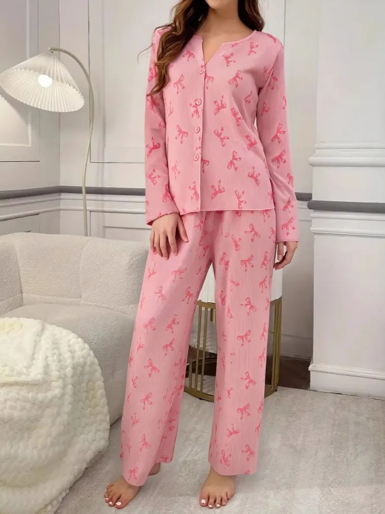 2Pcs Sweet Bow Print Lounge Set