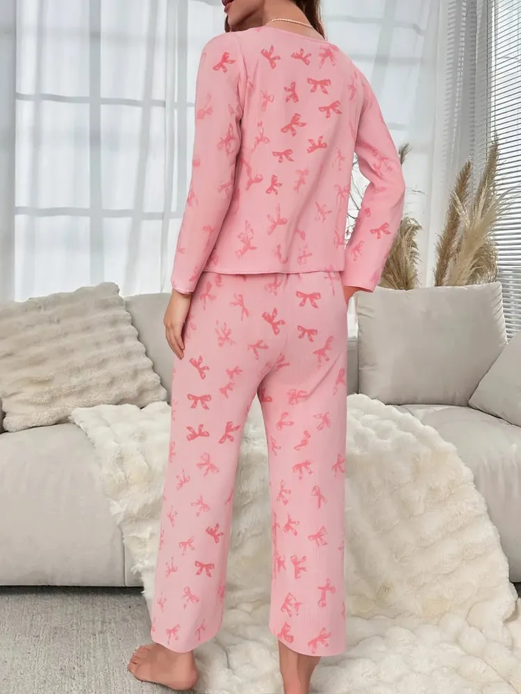 2Pcs Sweet Bow Print Lounge Set