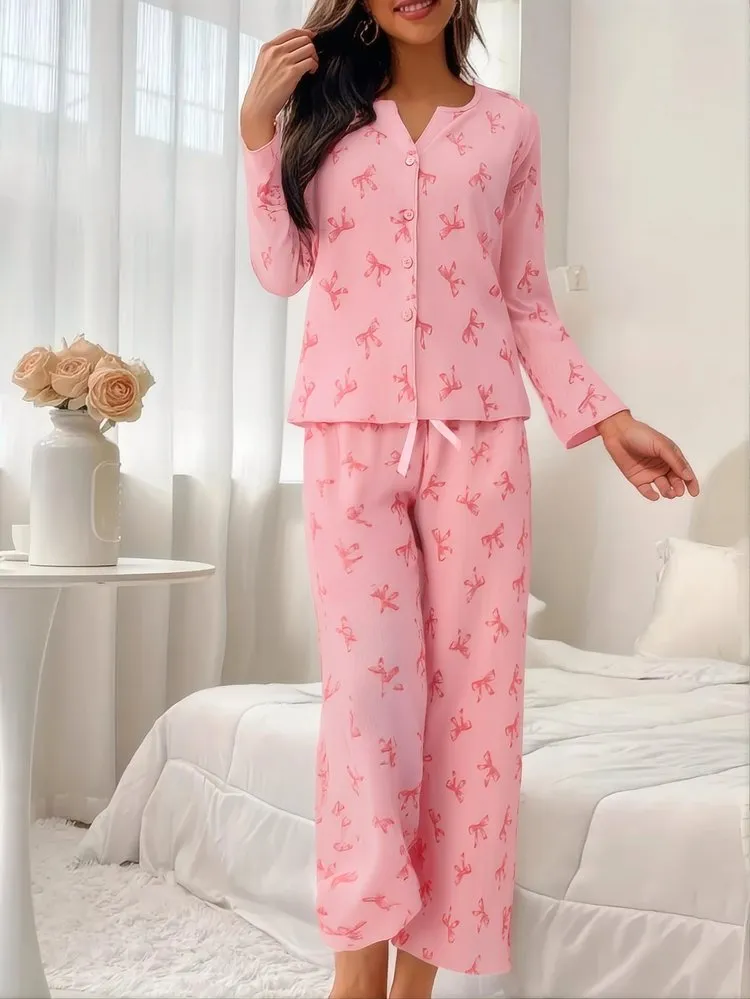 2Pcs Sweet Bow Print Lounge Set