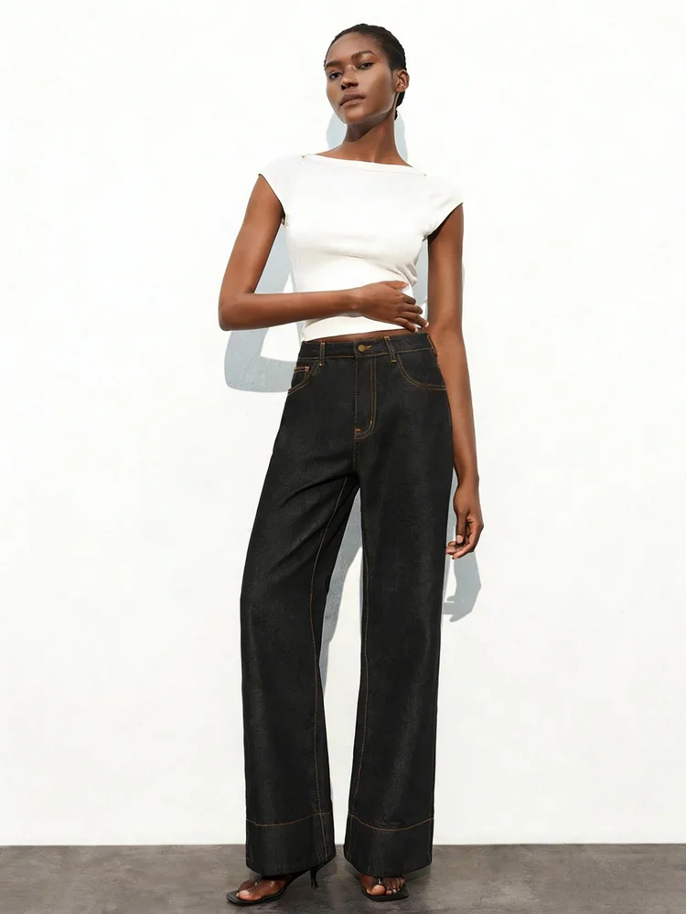 High Waist Washed Black Contrast Stitching Straight Leg Jeans