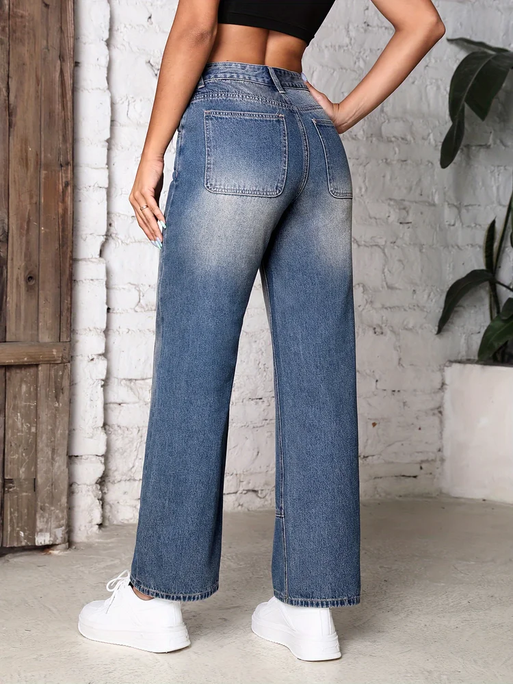 High Waist Vintage Medium Wash Pintuck Seam Straight Leg Jeans