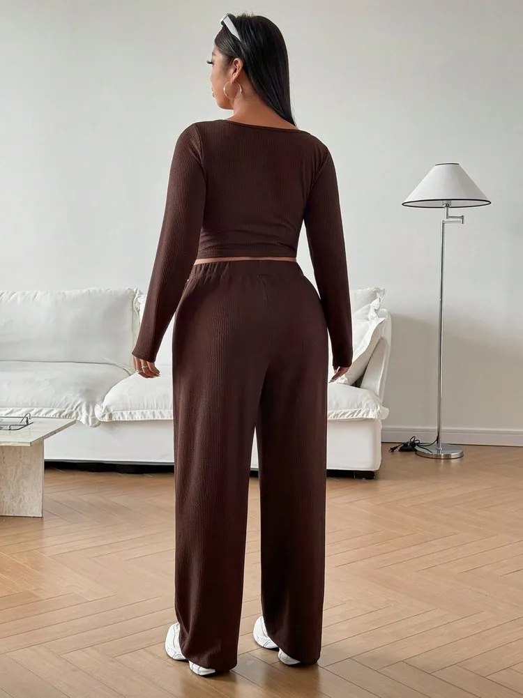 2pcs Plus Size Bow Pant Co-ords