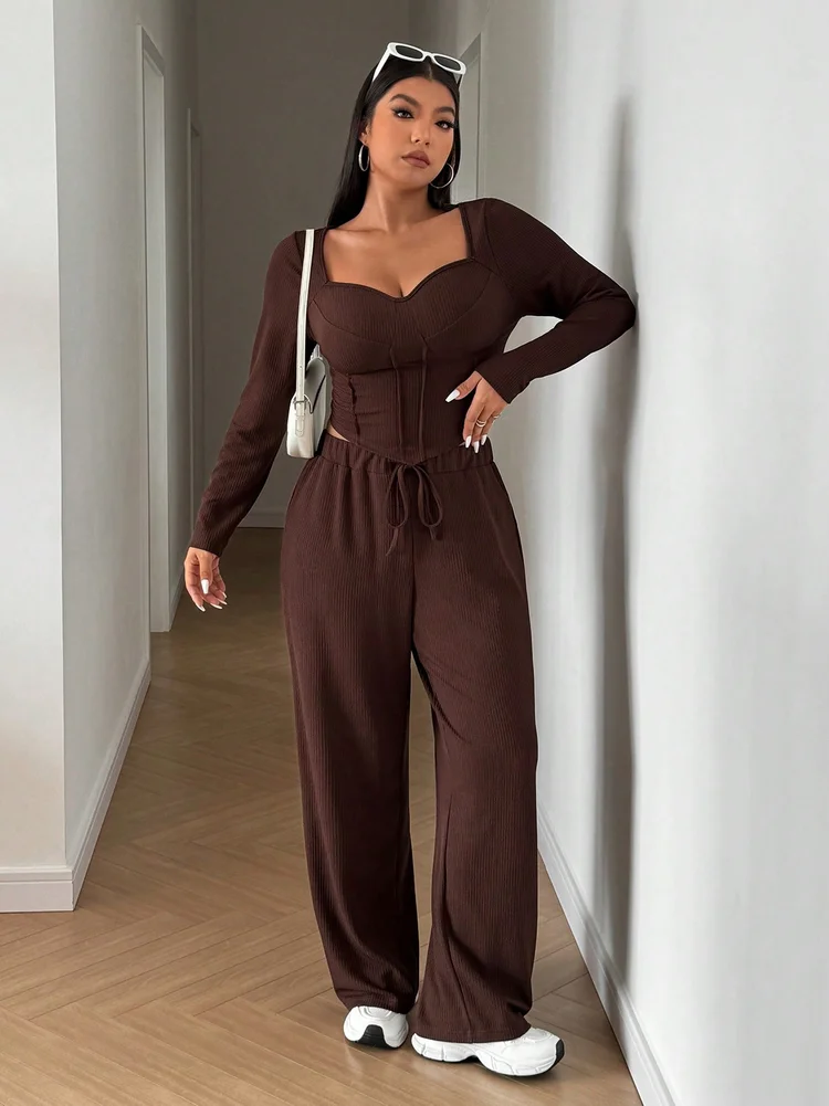 2pcs Plus Size Bow Pant Co-ords