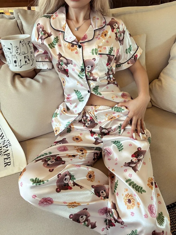 2Pcs Bear Print Satin Lounge Set