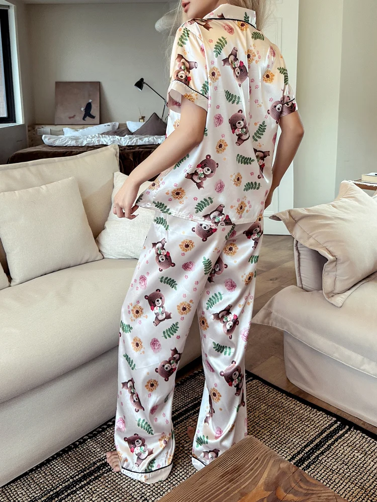 2Pcs Bear Print Satin Lounge Set