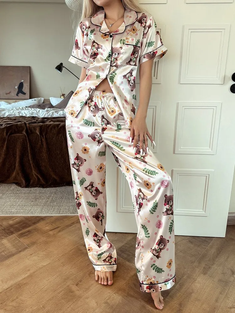 2Pcs Bear Print Satin Lounge Set