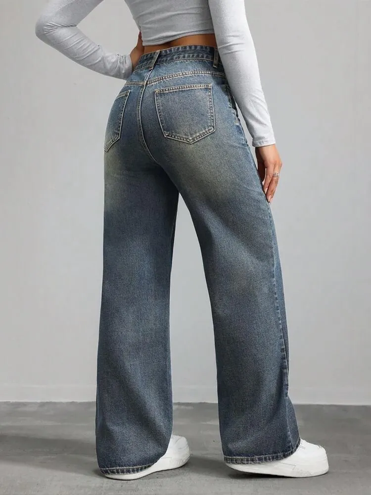 [ High Sretch ] High Waist Fleece-Lined Vintage Dark Wash Straight Leg Jeans