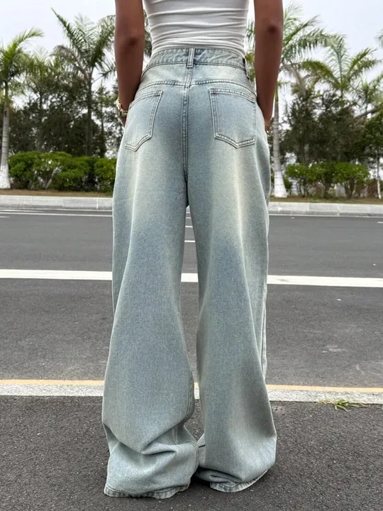 High Waist Light Wash Beaded Wide Leg Jeans