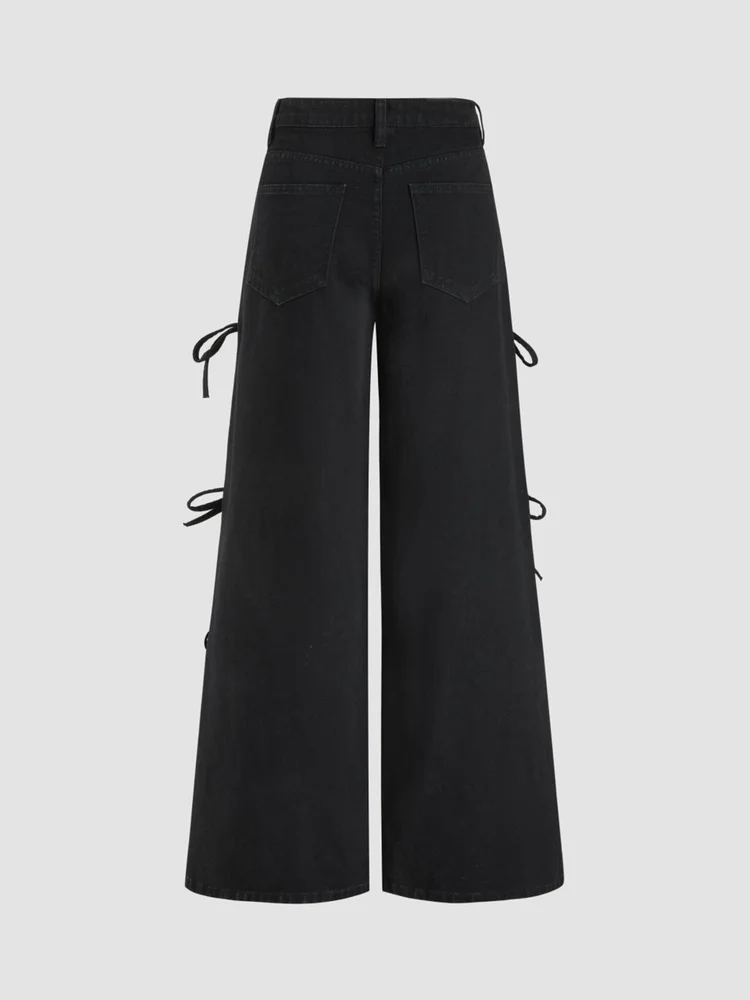 High Waist Bow Wide Leg Black Jeans