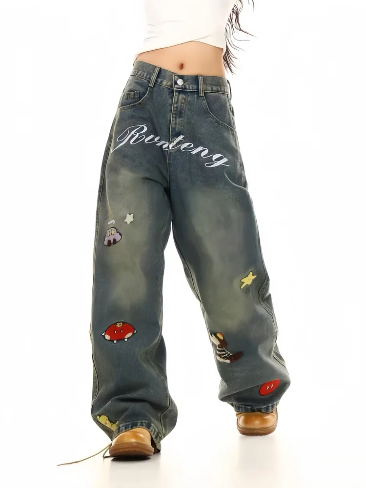 High Waist Vintage Dark Wash Embroidered Straight Leg Jeans