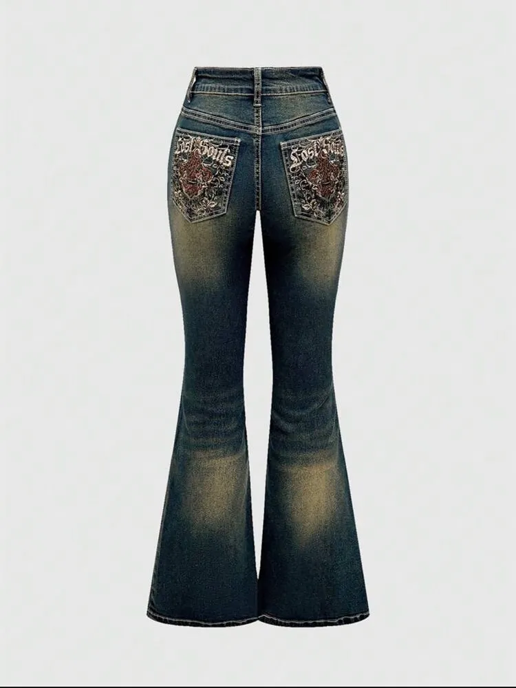[ High Stretch ] Embroidered Flare Leg Jeans
