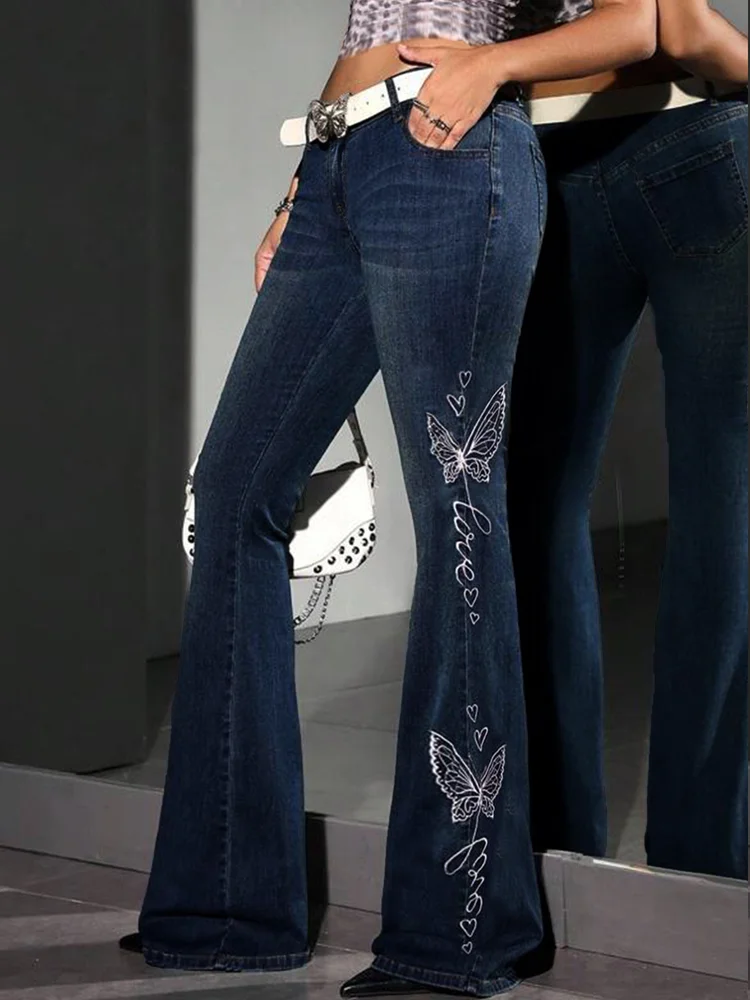 [ High Stretch ] High Waist Dark Wash Butterfly Embroidered Flare Leg Jeans