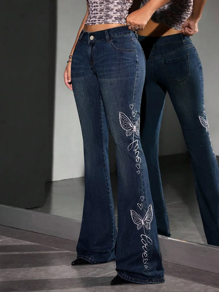 [ High Stretch ] High Waist Dark Wash Butterfly Embroidered Flare Leg Jeans