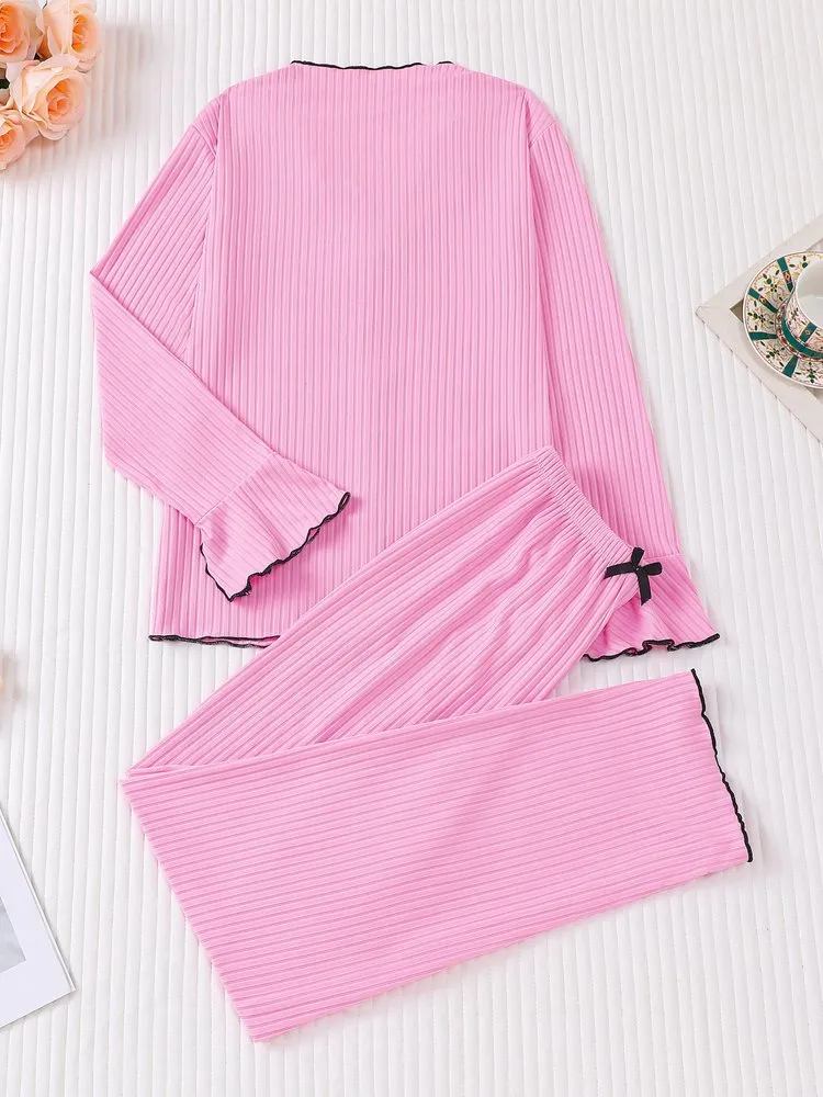 2pcs Women's Solid Color Ribbed Thick Warm Cozy Bow Floral Lace V-Neck Loungewear Set