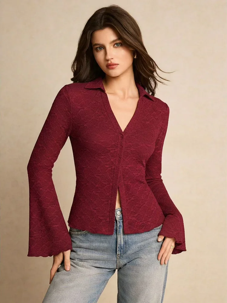 Home 58 Elegant Scalloped Hem Bell Sleeve Lace Blouse