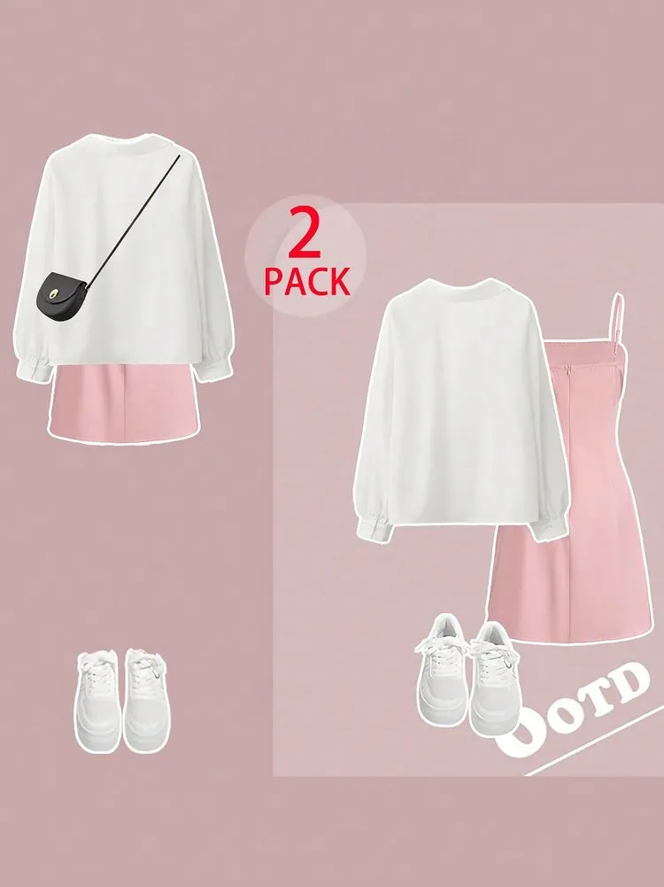 2pcs Plus Size Gathered Dress Co-ords
