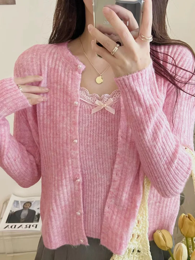 2pcs Lace-trimmed Knit Co-ords
