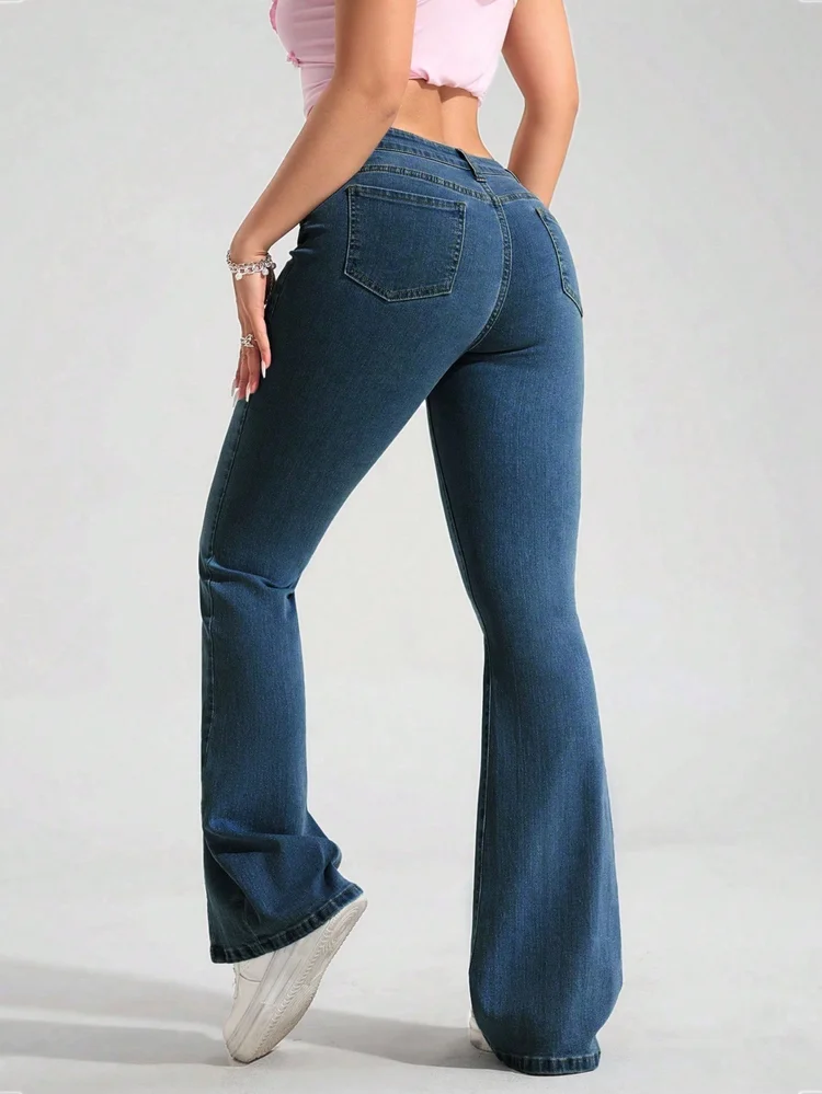 [ High Stretch ] Dark Wash Pintuck Seam Flare Leg Jeans