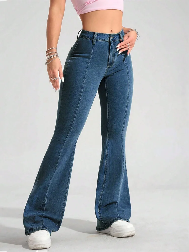 [ High Stretch ] Dark Wash Pintuck Seam Flare Leg Jeans