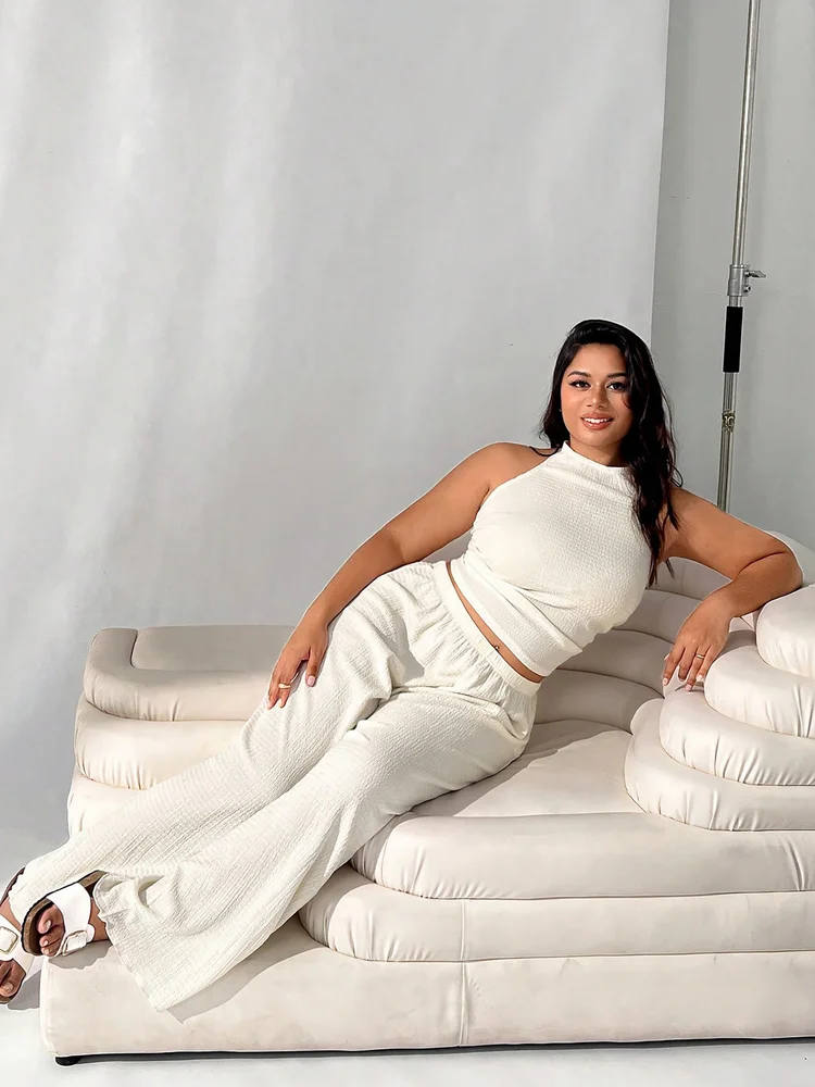 2pcs Plus Size Gathered Pant Co-ords
