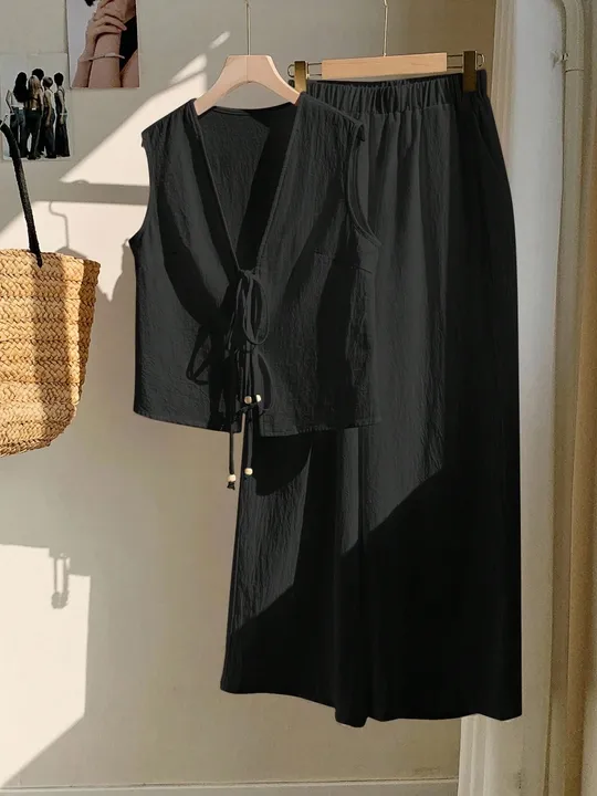 2pcs Plus Size Lace Up Pant Co-ords