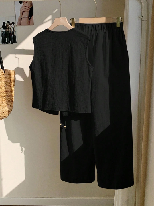 2pcs Plus Size Lace Up Pant Co-ords