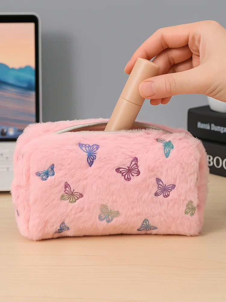 Embroidery Butterfly&Fur Makeup Bag
