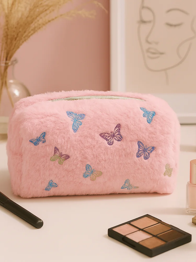 Embroidery Butterfly&Fur Makeup Bag