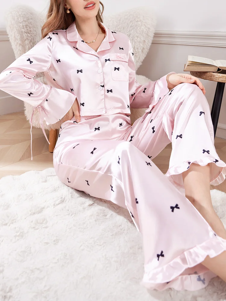 2Pcs Ruffle Satin Lounge Set
